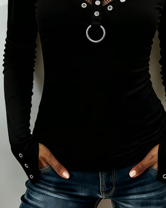 Bluse Rund Hals Blonde Panel Udskæring Metalring