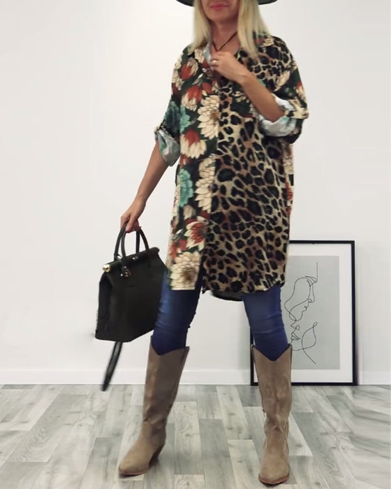 Revers patchworkskjorte med leopardprint