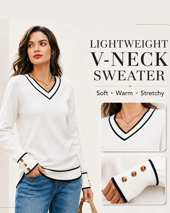 Pullover Med Farveblok V-Hals Og Trykknapper