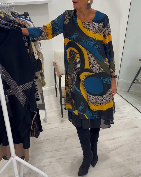 Elegant Trykt Kjole Med Rund Halsudskæring