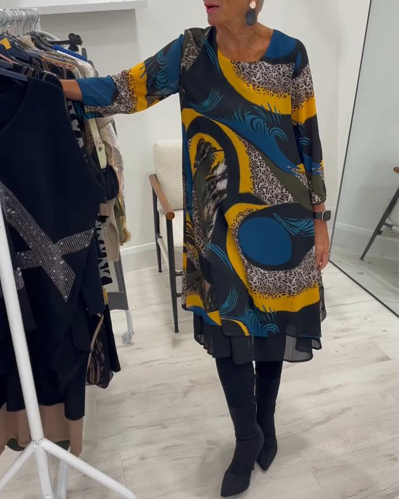 Elegant Trykt Kjole Med Rund Halsudskæring