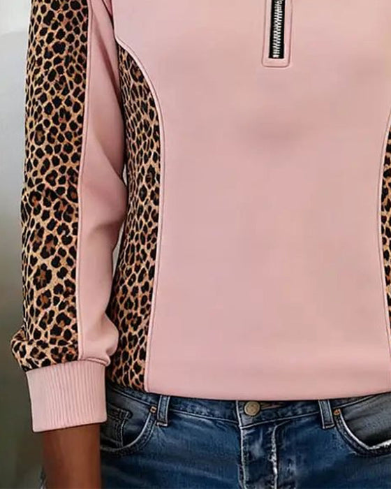 Sweatshirt Leopardprint Halv-Zip Revers