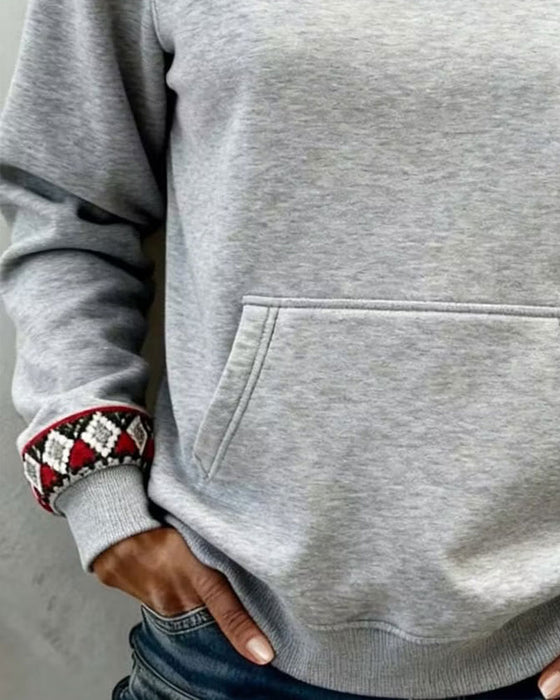 Sweatshirt Rund Hals Argyle Farveblok Lomme