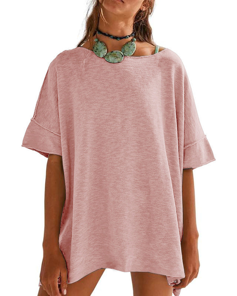T-Shirt Ensfarvet Patchwork Halv Ærme
