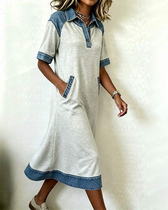 Kjole Skjortekrave Denim Patchwork Lomme