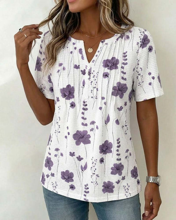 T-Shirt Vaffel V-Hals Blomstret