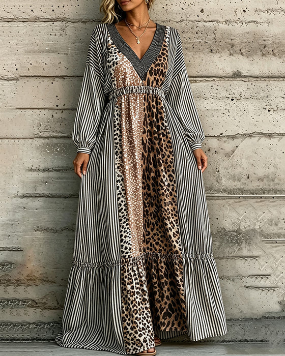 Kjole V-Hals Stribet Leopardprint Patchwork