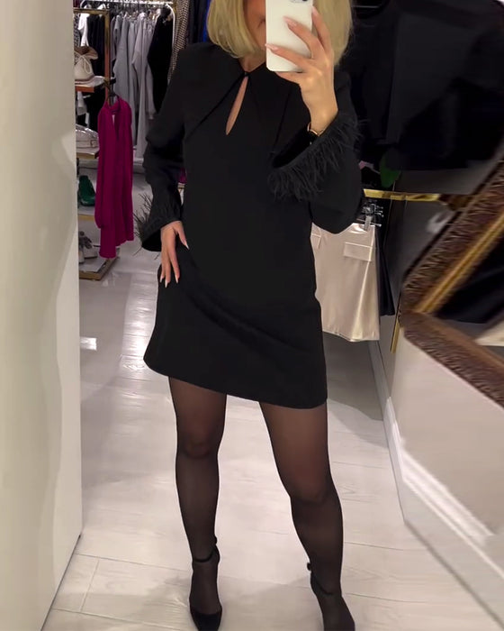 Ensfarvet Lige Skåret Langærmet Kjole