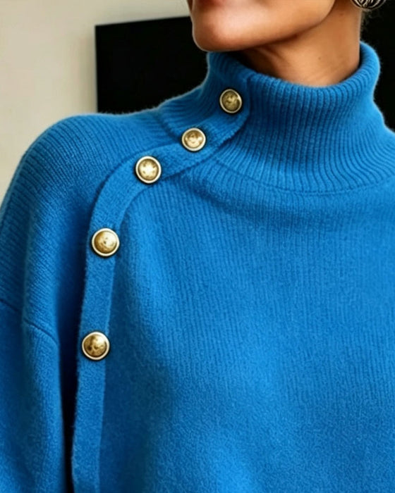 Pullover Diagonal Metal Knap Turtleneck