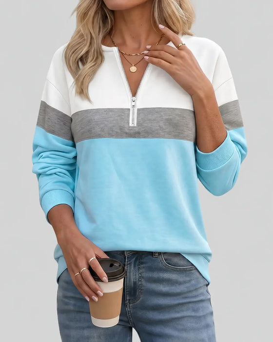 Sweatshirt Med Lynlås, Stående Krave Og Farveblokering Langærmet