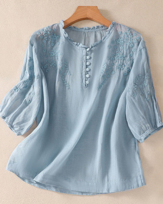 Bluse Broderi 3/4-Ærme Ensfarvet