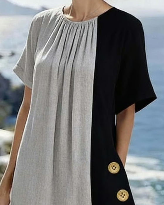 Kjole Kontrastfarve Rund Hals Casual Lang