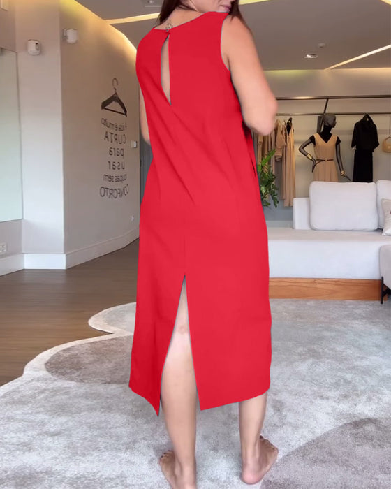 Kjole afslappet v-hals ærmeløs ensfarvet split