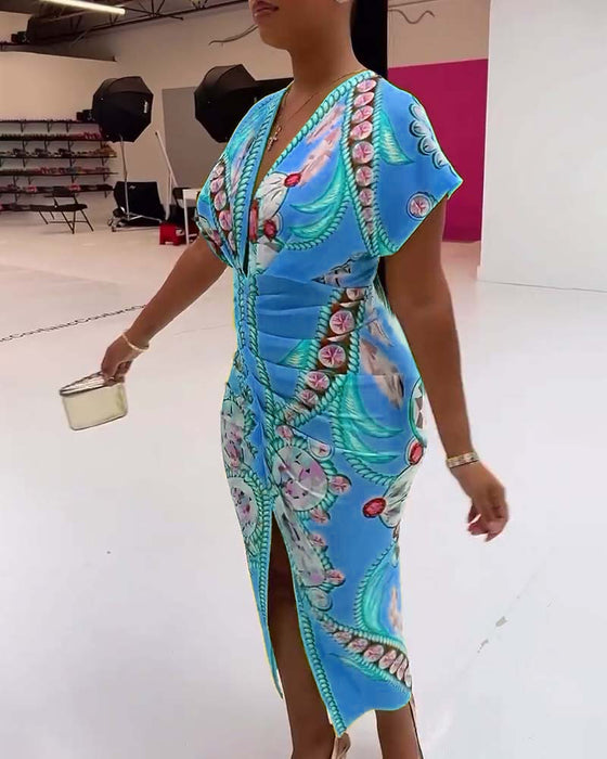 Gul slim fit kjole med print