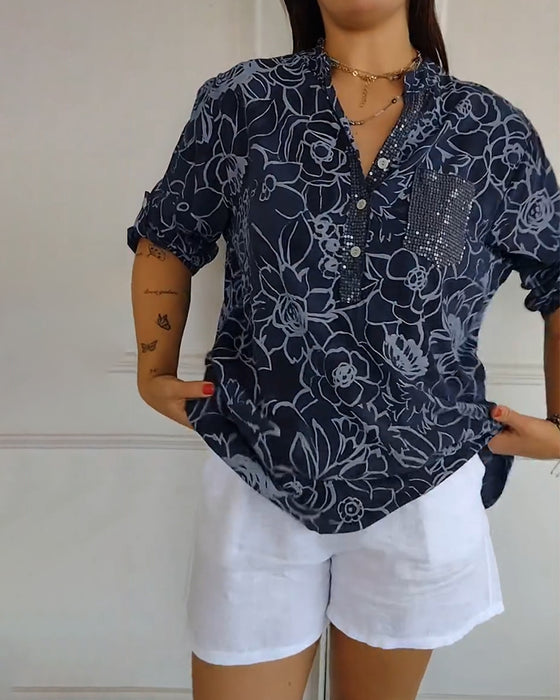 Bluse V-hals Knaplukket Trykt