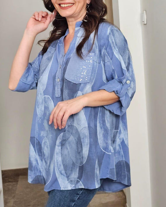 Bluse Knappet Trykt Lomme