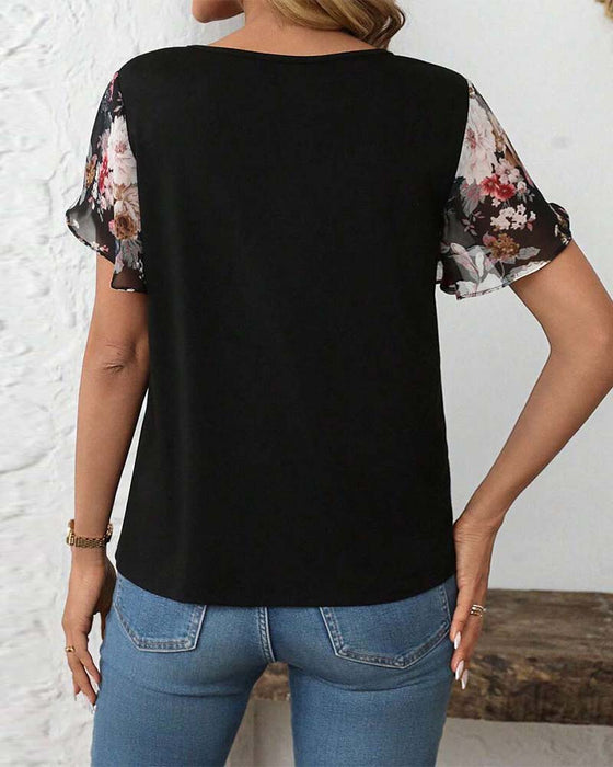 Bluse Kortærmet Snørring Trykt