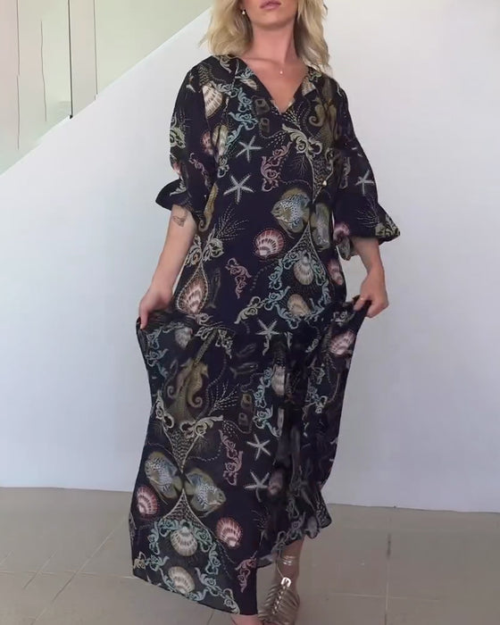 Kjole V-hals Marine Tryk Langærmed