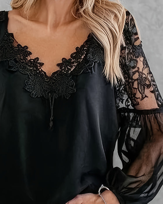 Bluse V-Hals Blonde Patchwork Mesh