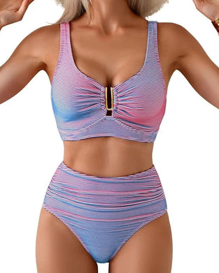 Bikini Høj Talje Stribet Knap