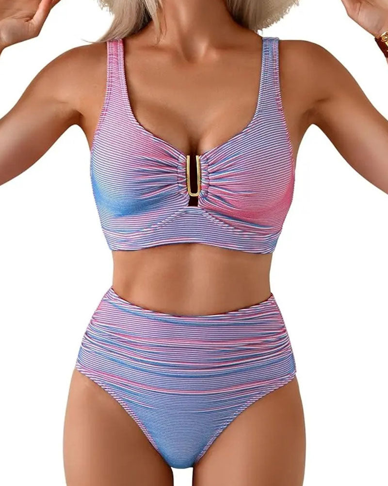 Bikini Høj Talje Stribet Knap