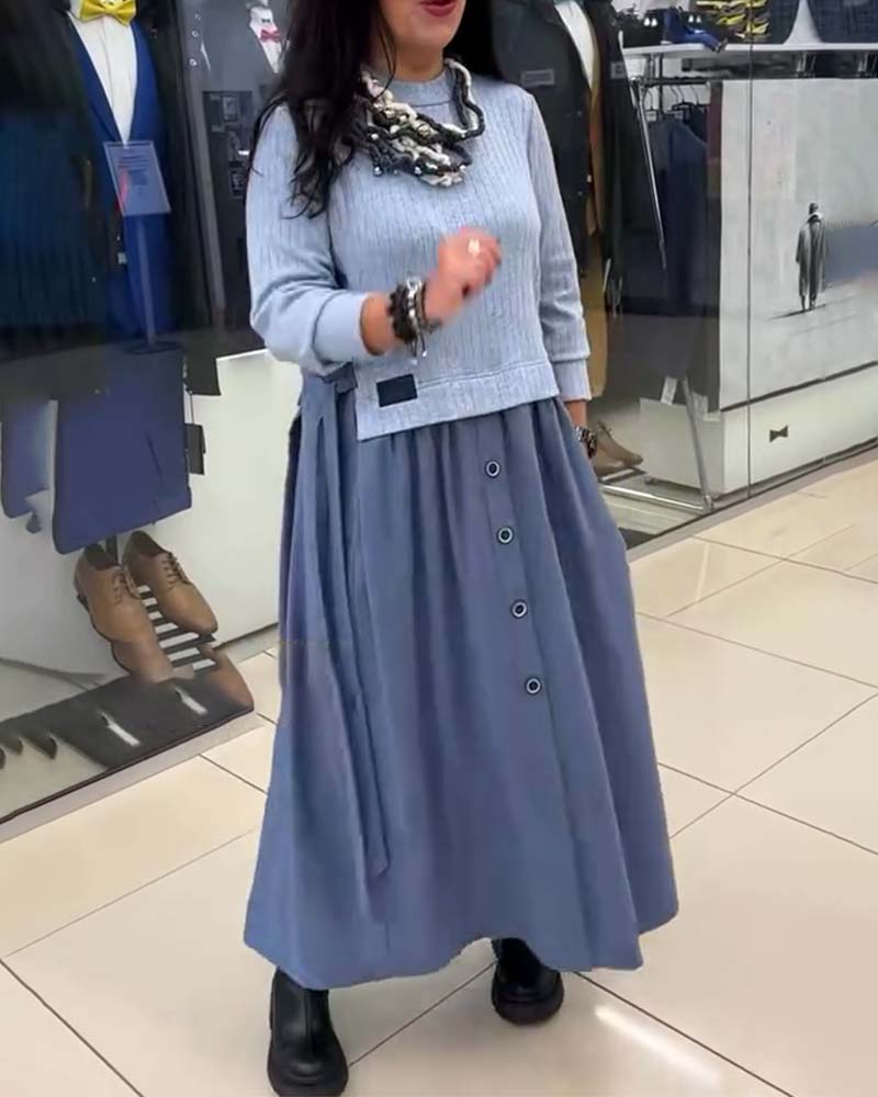 Kjole Casual Farveblok Rund Halsudskæring