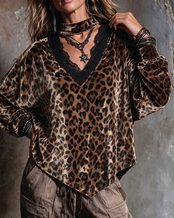 Bluse V-Hals Leopard Uregelmæssig
