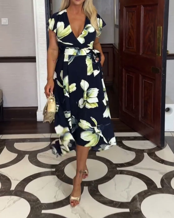 Kjole V-Hals Blomsterprint Talje Kortærmet