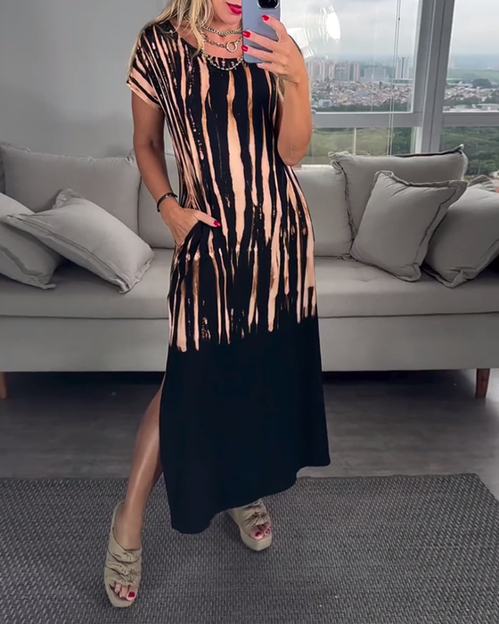 Kjole afslappet kortærmet slids rund halsudskæring printet