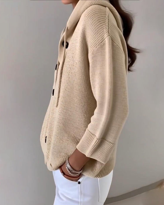 Ensfarvet Hætte Enkeltknappet Cardigan