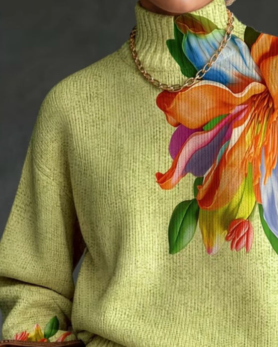 Pullover Turtleneck Blomstret Kontrast Langærmet