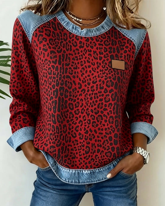 Sweatshirt Leopardtryk Denim Patchwork