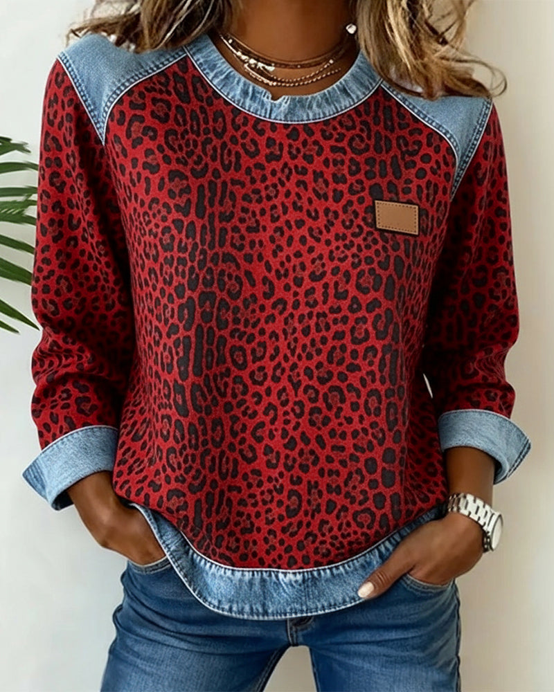 Sweatshirt Leopardtryk Denim Patchwork
