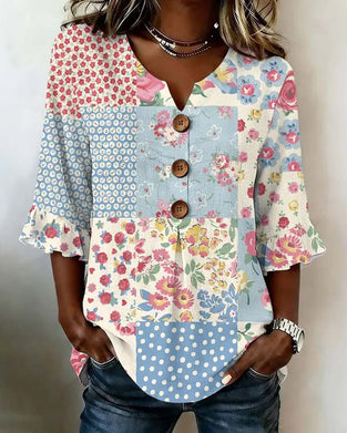 Bluse Kortærmet Blomstermønster Patchwork