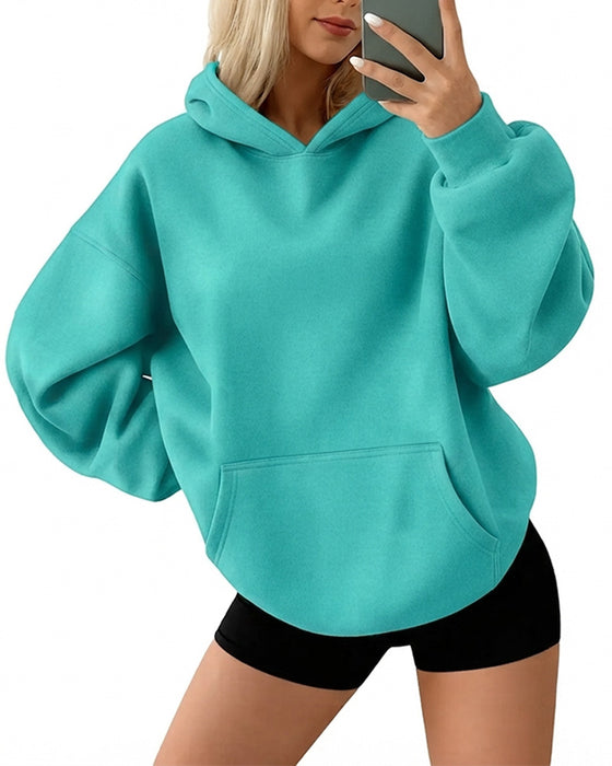 Hoodie Med Hætte Lomme Solid Løs