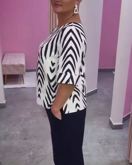 Top Rund Hals Halv Ærme Geometrisk