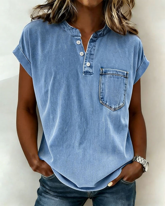 Top Vasket Denim Henley Kort Ærme
