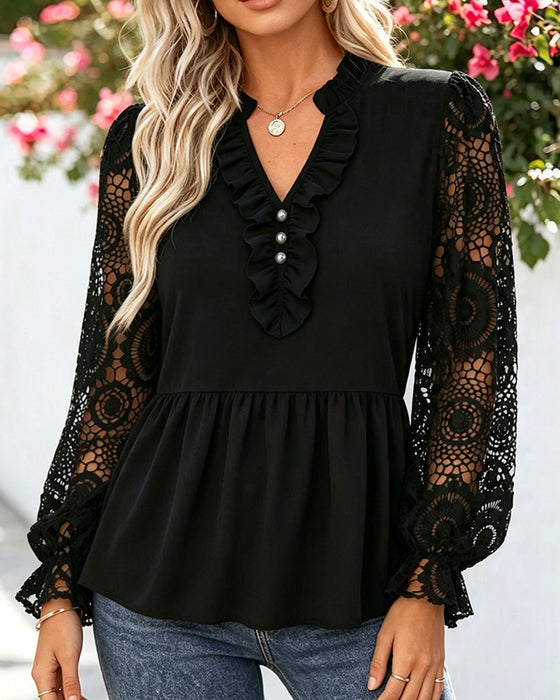 Bluse V Hals Spidskant Spids Patchwork Vifteform