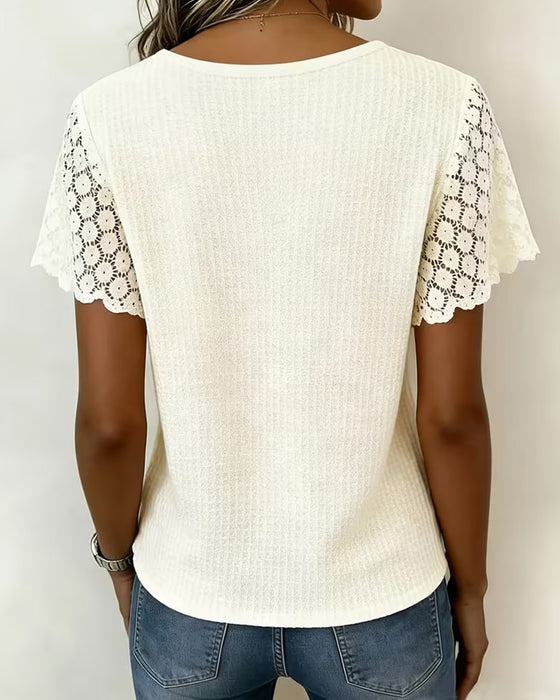 T-Shirt V-Hals Vaffel Blonde Patchwork Solid