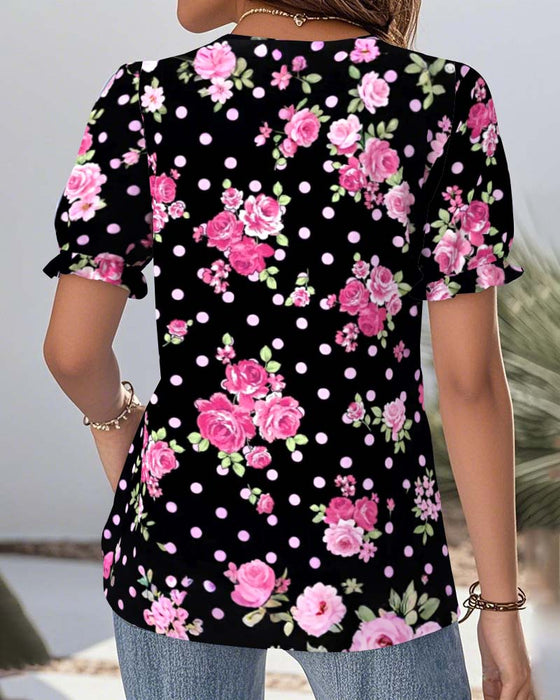 Bluse V-Hals Blonder Lanterneærmer Trykt