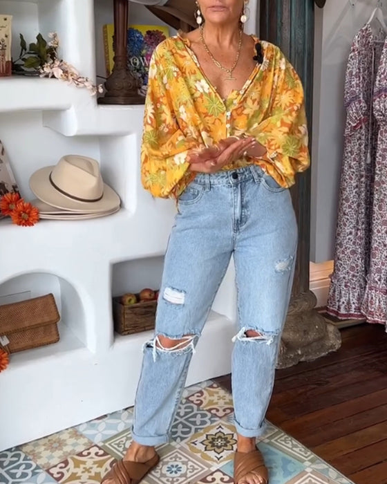 V-halset bluse med blomsterprint