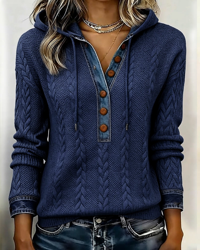 Farveblokeret Langærmet Hættetrøje Med Knapper