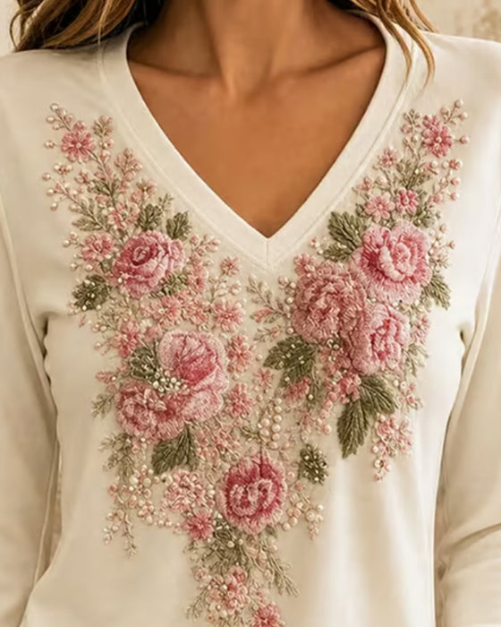 T-Shirt Lang Ærme V-Hals Blomstret