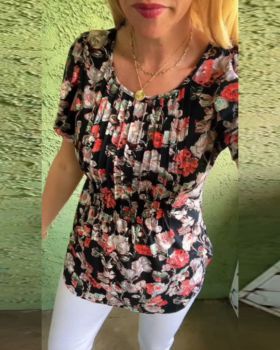 Bluse Rund hals Pufærme Plisseret Blomstret