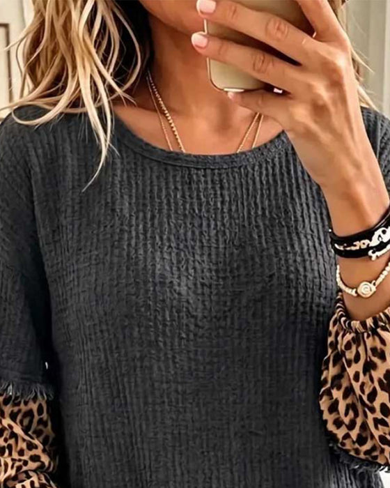 Top Rund Hals Leopardprint Patchwork Frynser
