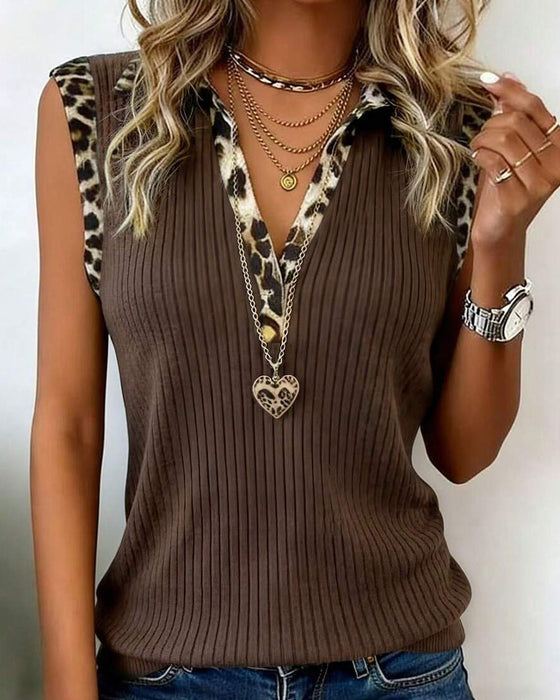 Bluse Revers Leopard Tryk Ærmeløs Ribbet