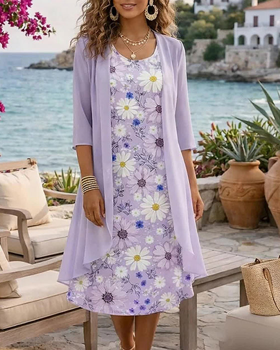 Sæt Blomstret Ærmeløs Kjole Dækkebluse