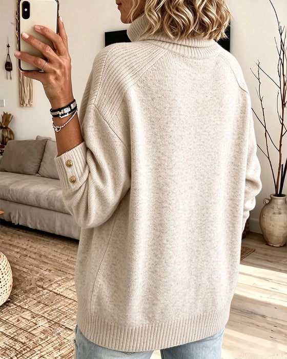 Sweater Høj Krave Knappet Løs