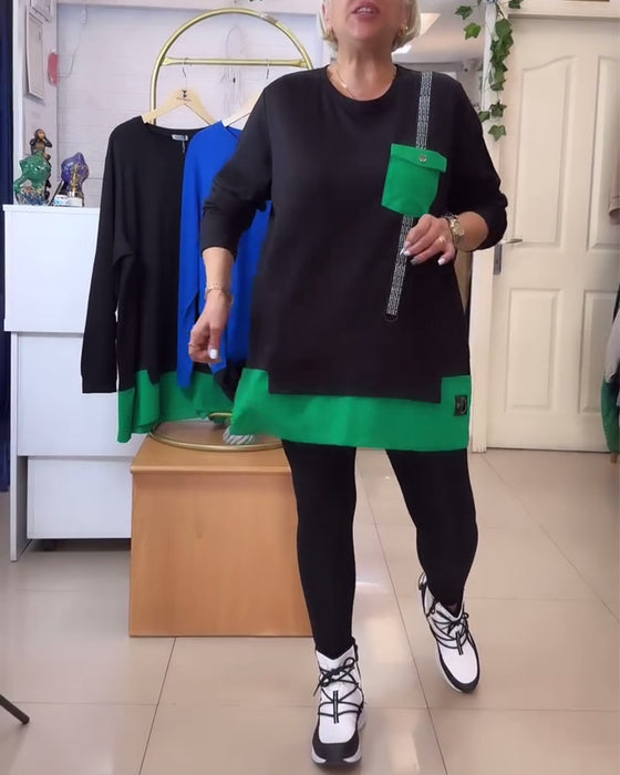 Sweatshirt afslappet lomme med rund hals i kontrastfarve