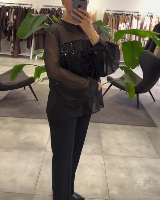 Bluse Ensfarvet Puffærme Krave